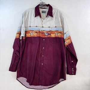 Cumberland Outfitters Mens XL Western Pearl Snap Shirt Horse Desert Print Maroon